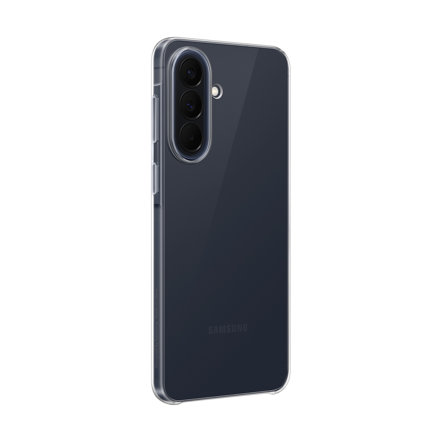 Uno smartphone scuro in custodia protettiva trasparente, con tre fotocamere e logo Samsung.