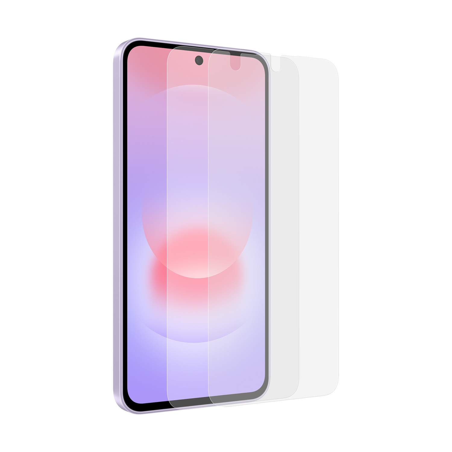 Uno smartphone con protezione schermo. Cornice viola, grafica sfocata sullo sfondo.