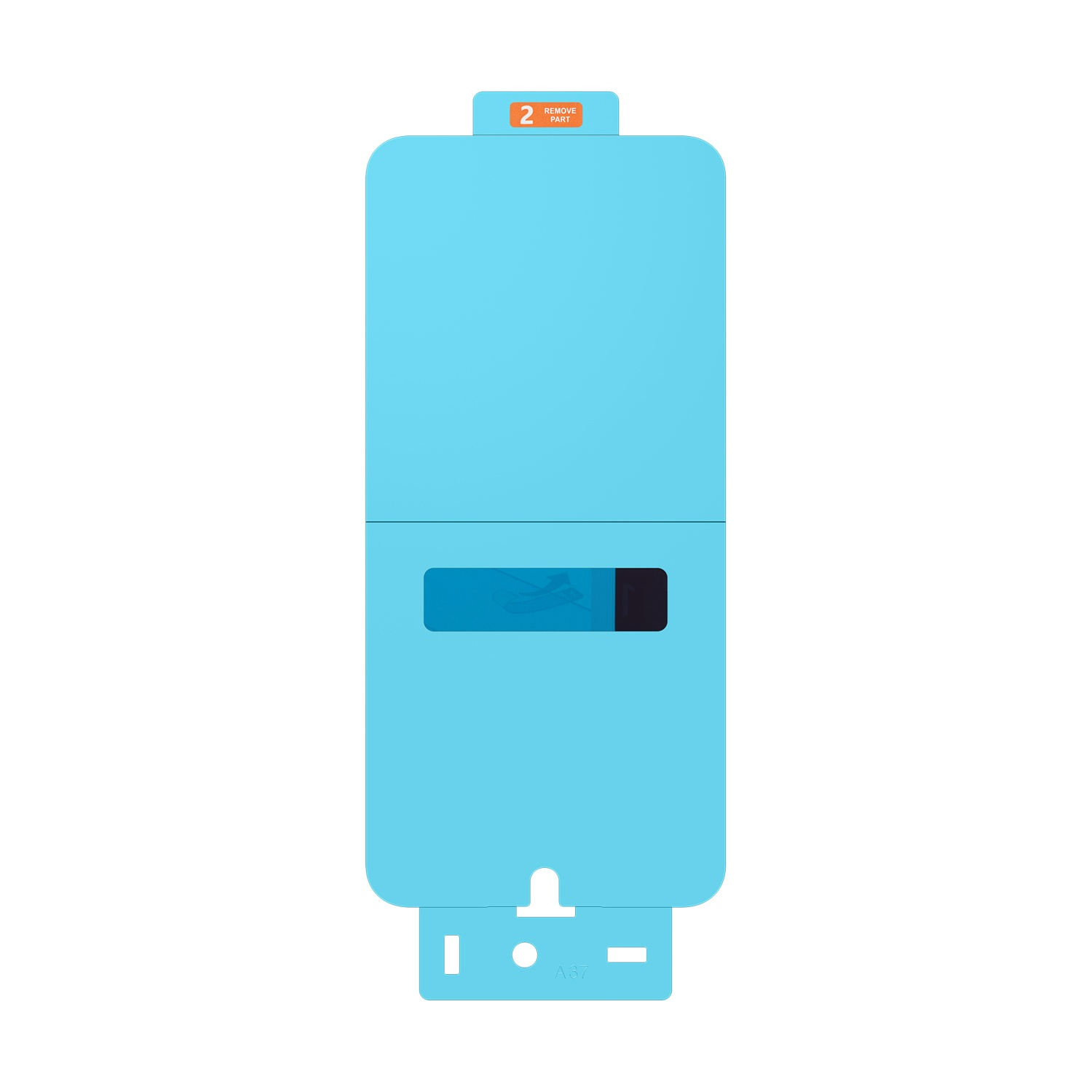Cartoncino azzurro con adesivo arancione '2 REMOVE PART'.