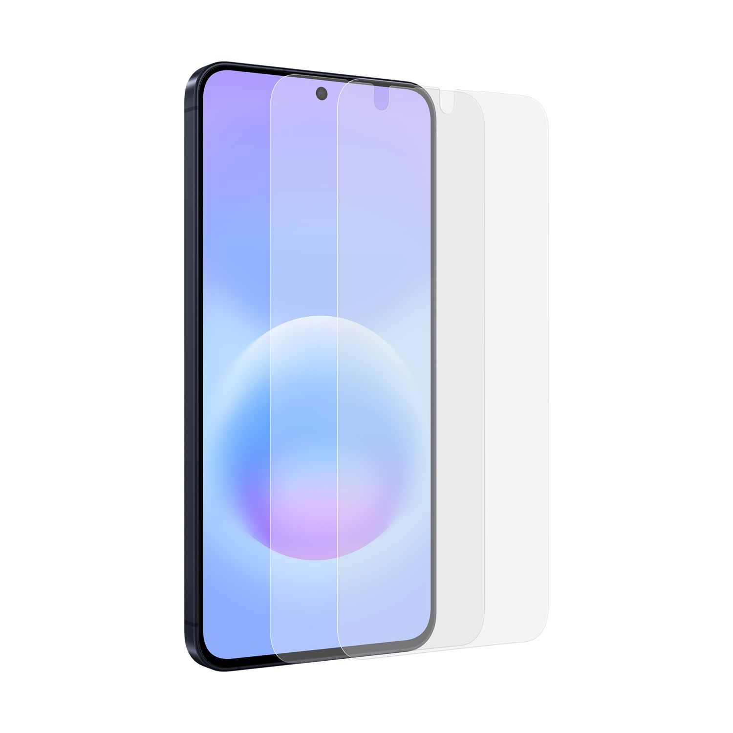 Uno smartphone con protezione schermo, sfondo bianco
