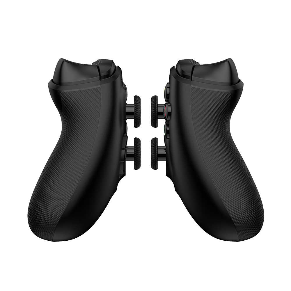 Zwei schwarze Gaming-Controller-Griffe mit Rücktasten, auf weißem Hintergrund.