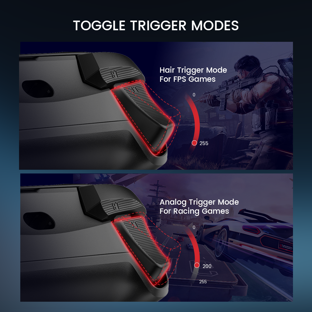 Zwei Controller-Trigger-Modi: Hair Trigger für FPS, Analog für Rennspiele.