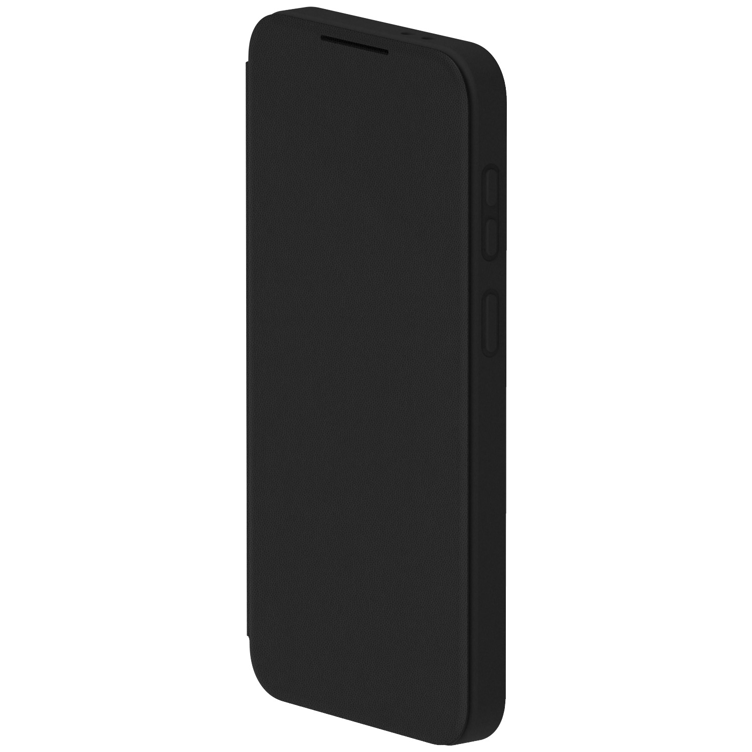 Zwarte smartphone met open flip case, zijaanzicht.