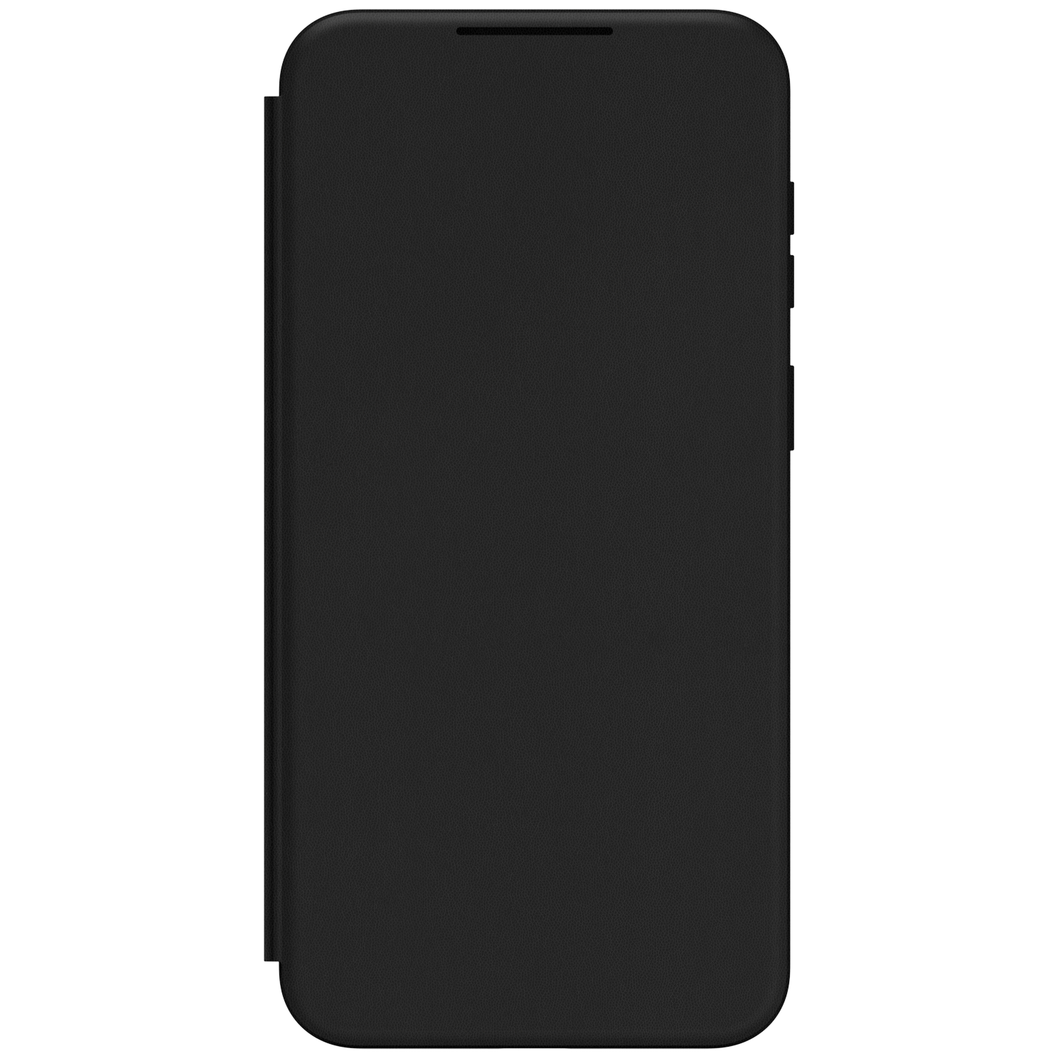 Een zwarte leren flipcase voor een smartphone, op zwarte achtergrond.
