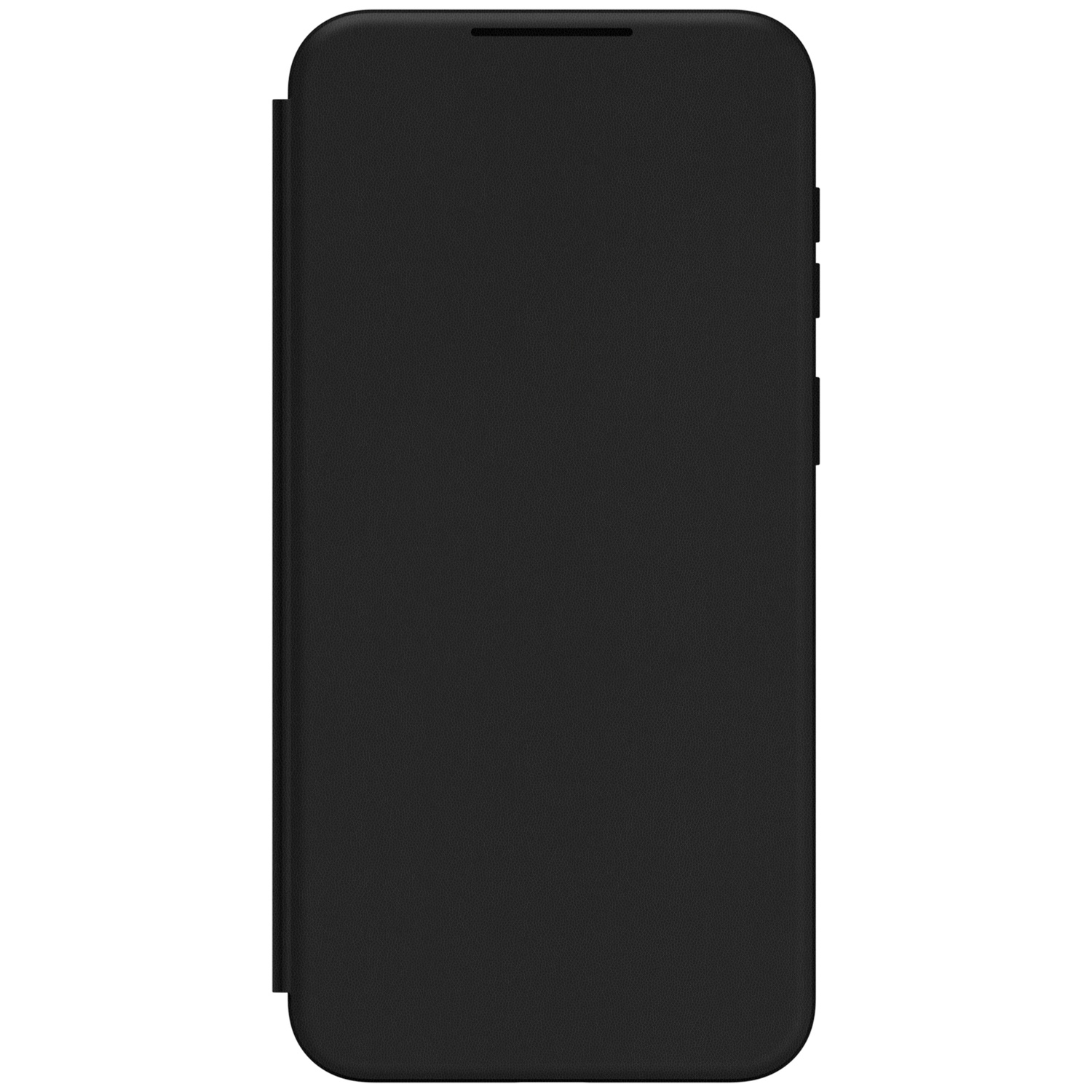 A closed black flip phone case with textured surface, on a white background.