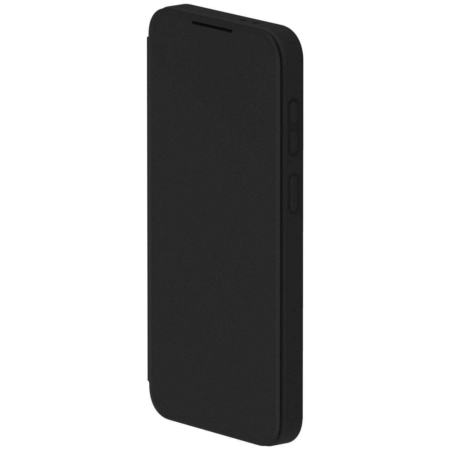 Black smartphone with a flip cover, isolated on a white background.
