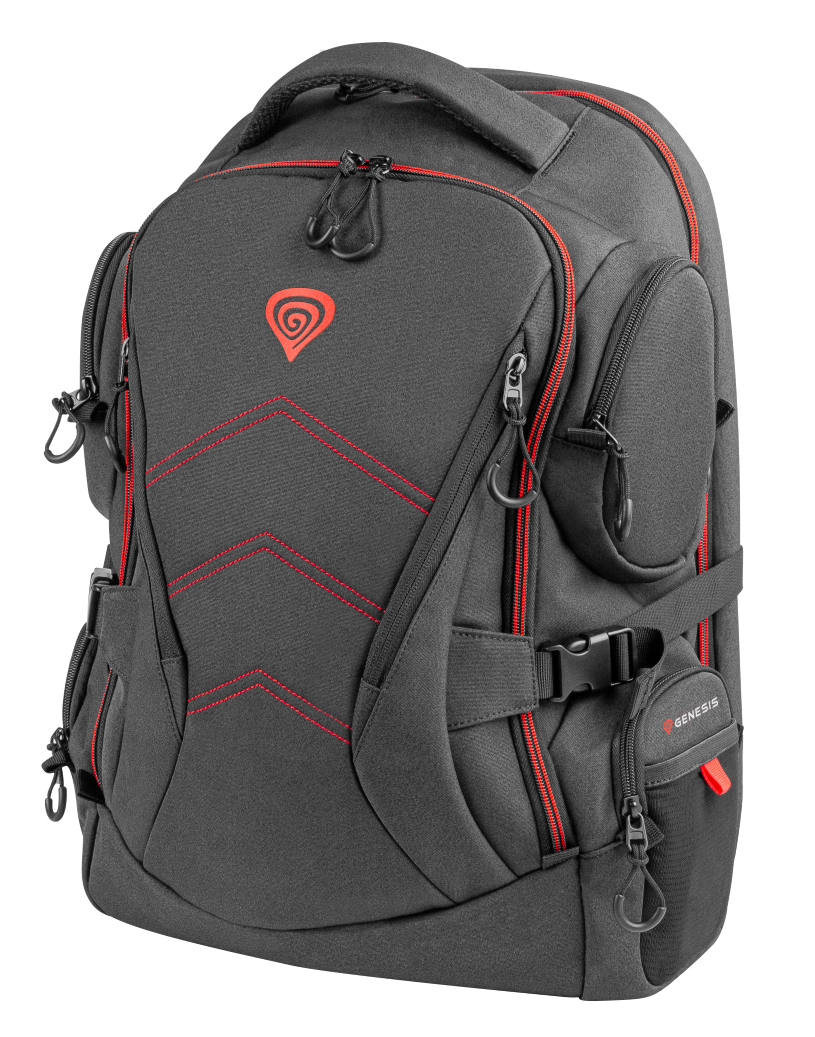 Czarny plecak z czerwonymi akcentami i czerwonym logo.