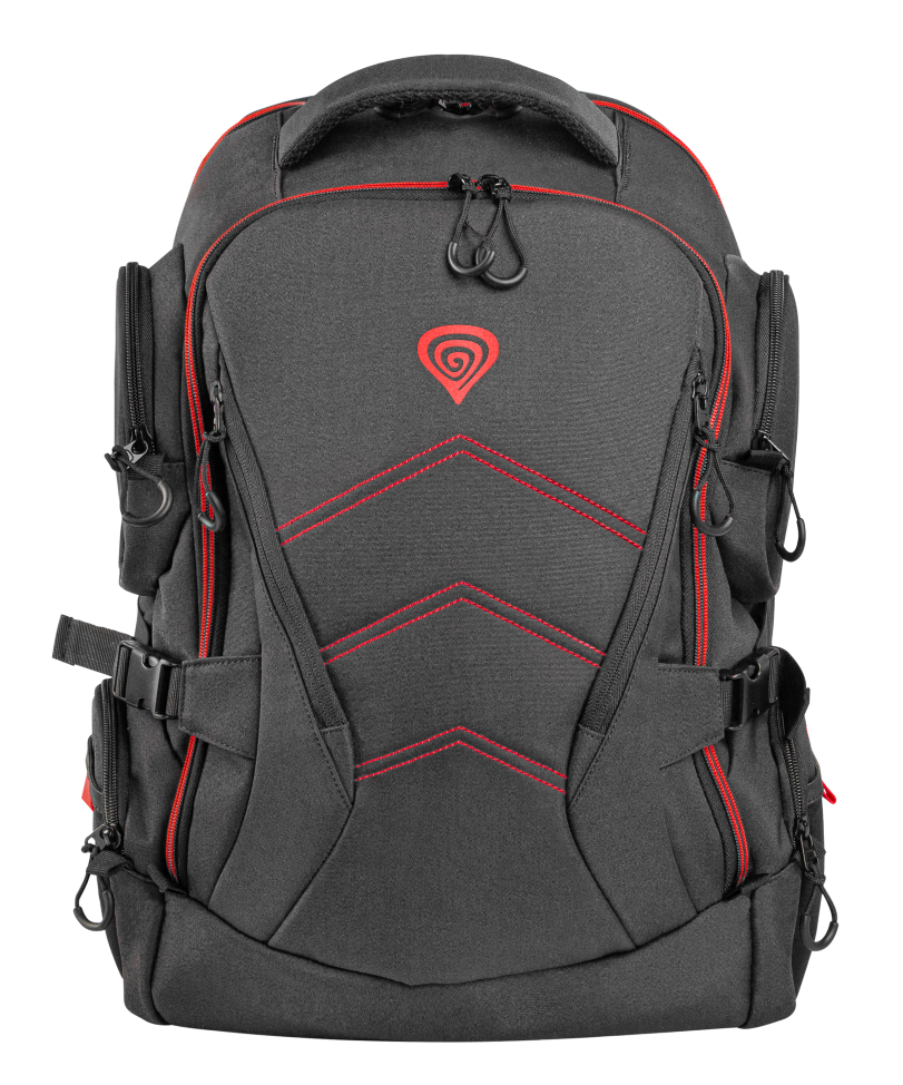 Czarny plecak z czerwonymi przeszyciami i czerwonym logo.