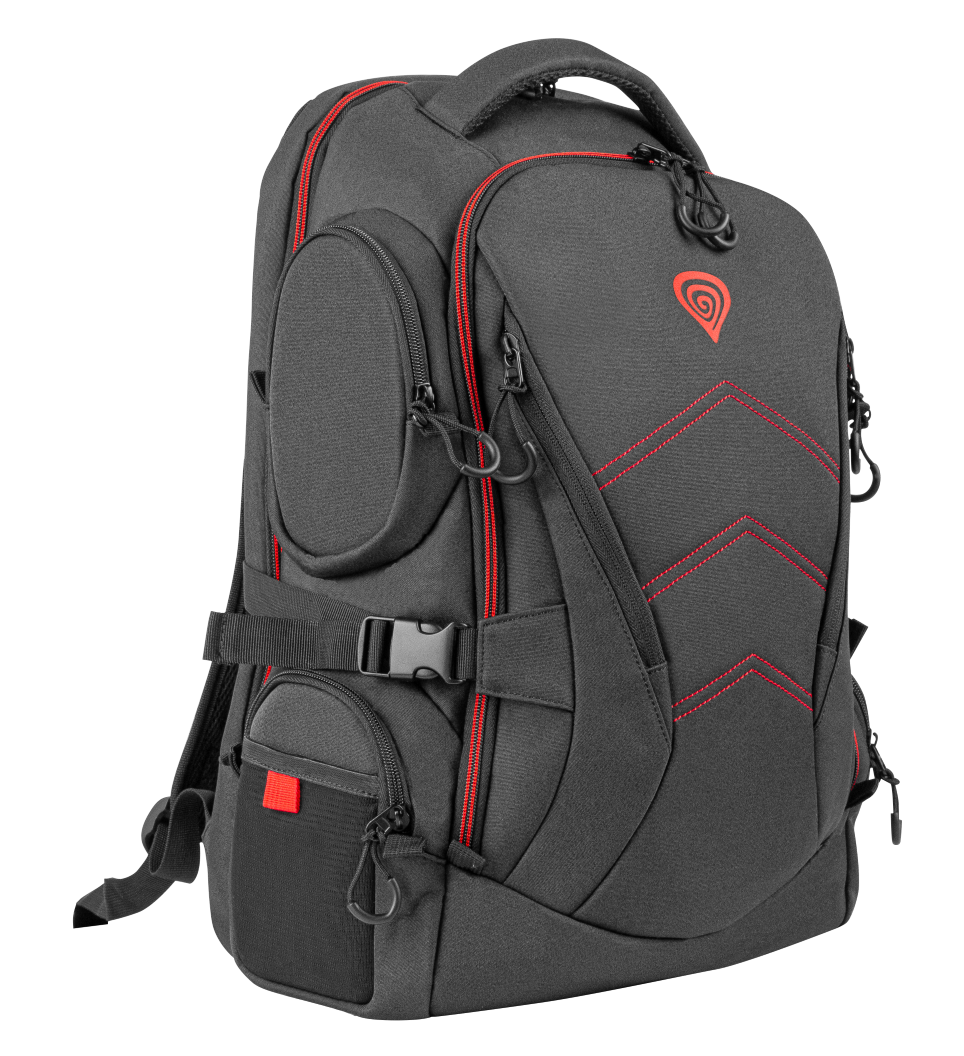 Czarny plecak z czerwonymi akcentami i czerwonym logo.