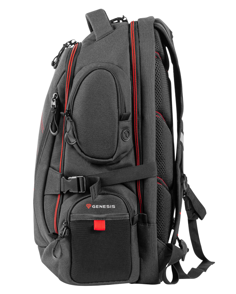 Szary plecak z czerwonymi akcentami, widok z boku. Wyściełany tył.