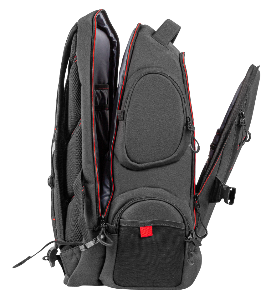Ciemny plecak z czerwonymi detalami zamka, otwarty.