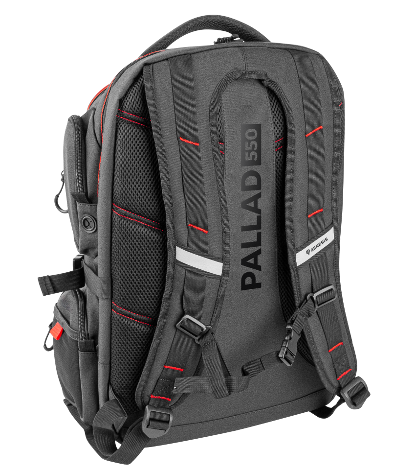 Czarny plecak z czerwonymi szwami, wyściełanymi paskami i napisem „PALLAD 550”.
