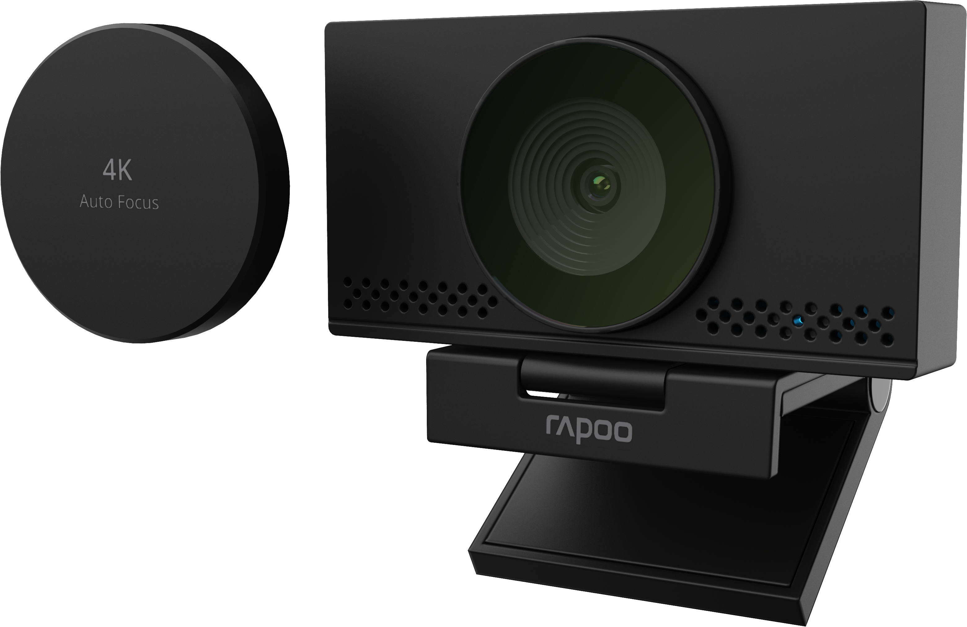 Eine schwarze 4K-Webcam mit Autofokus und Mikrofonen.