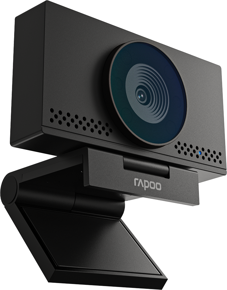 Eine schwarze Webcam mit rundem Objektiv und klappbarem Ständer.