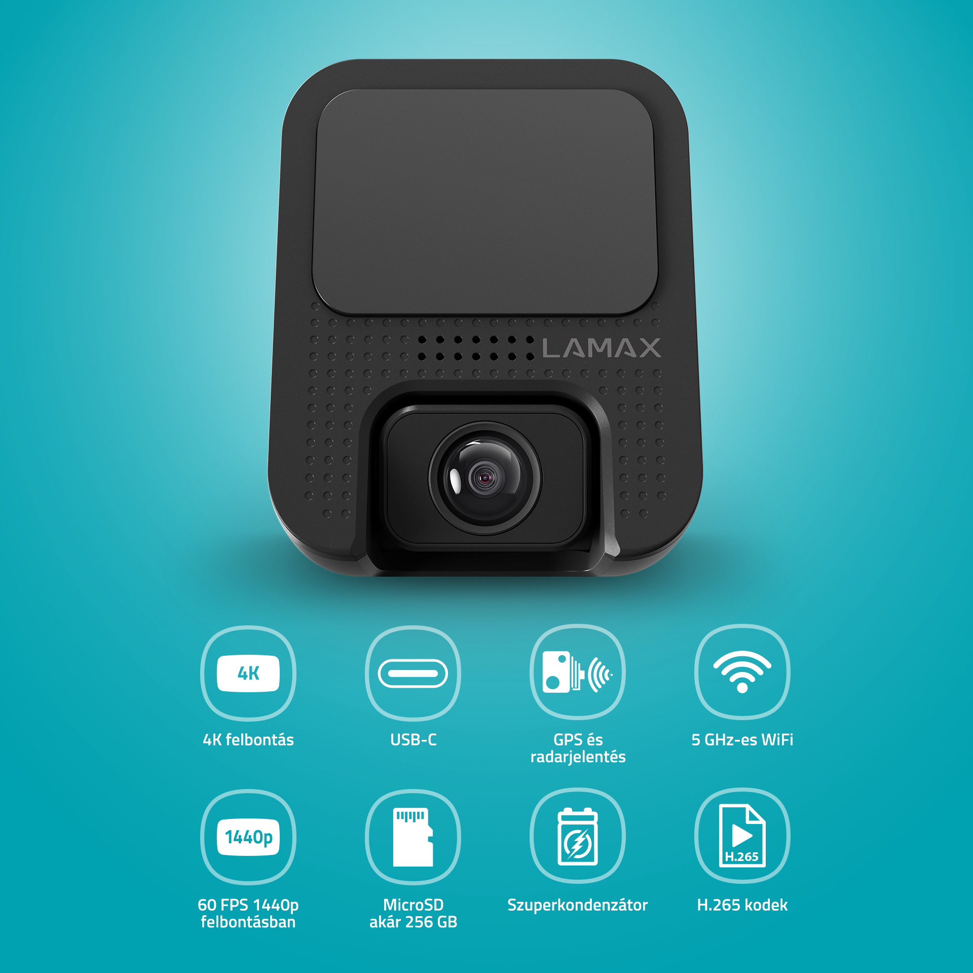 Fekete LAMAX autós kamera funkciókkal: 4K, USB-C, GPS, WiFi, H.265.