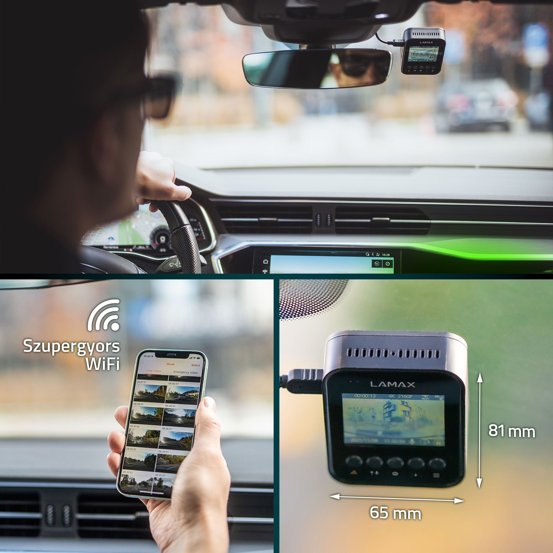 Autó belső nézet, dashcam, okostelefon kijelző és a vezető kilátása.