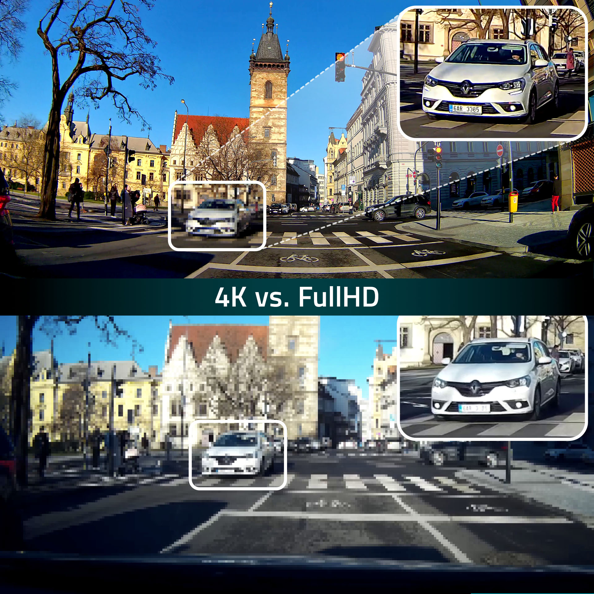 4K és Full HD felvételek összehasonlítása városban épületekkel, autókkal, gyalogosokkal.