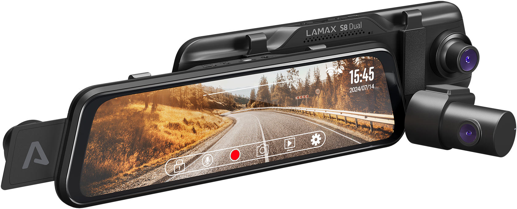 LAMAX S8 Dual, tükörbe épített fedélzeti+hátsó menetrögzítő kamera, 4k / Full HD, látószög: 150°/130° (LXMDMS8DUALBA)