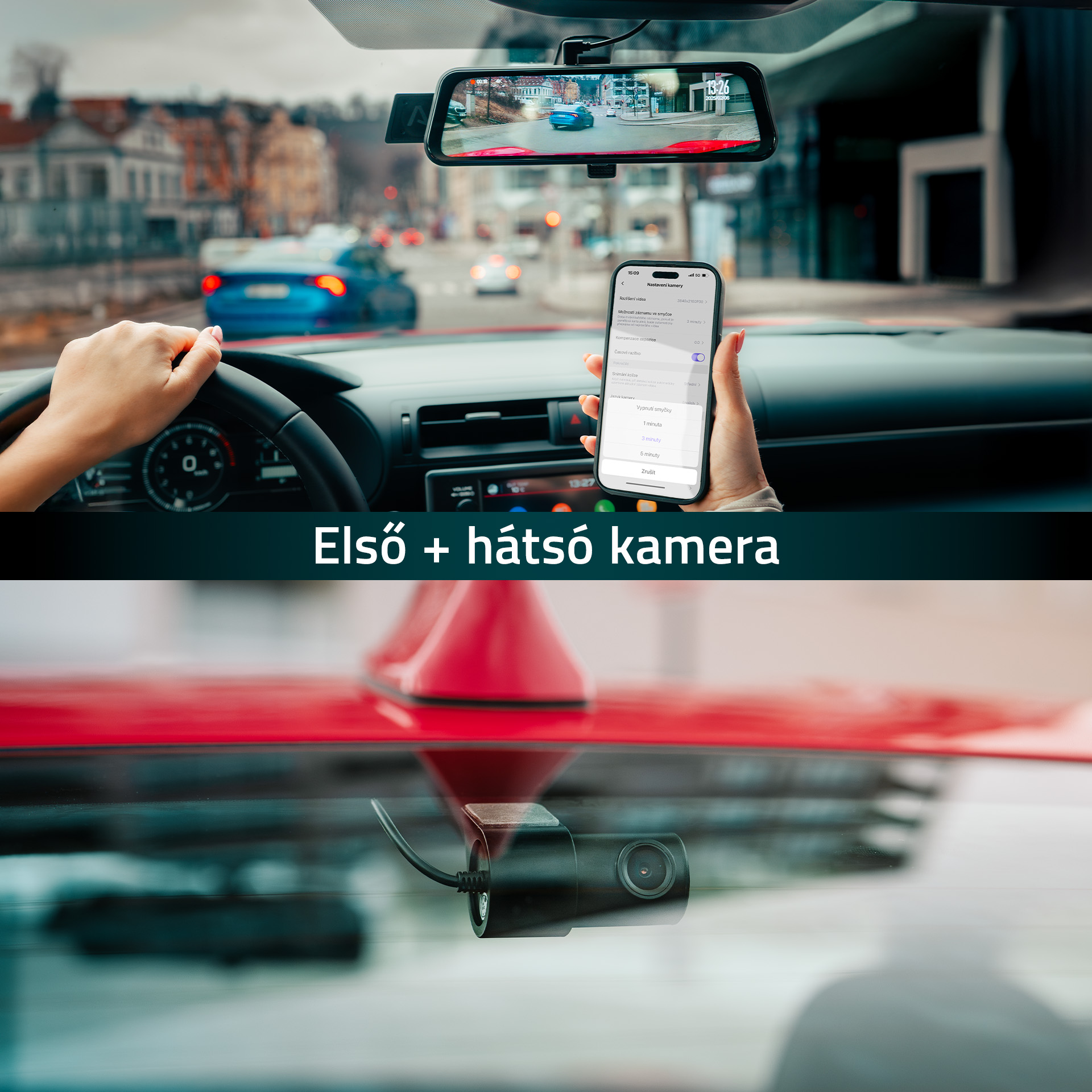 Autó belső nézet: kéz a kormányon, telefon app a kézben.