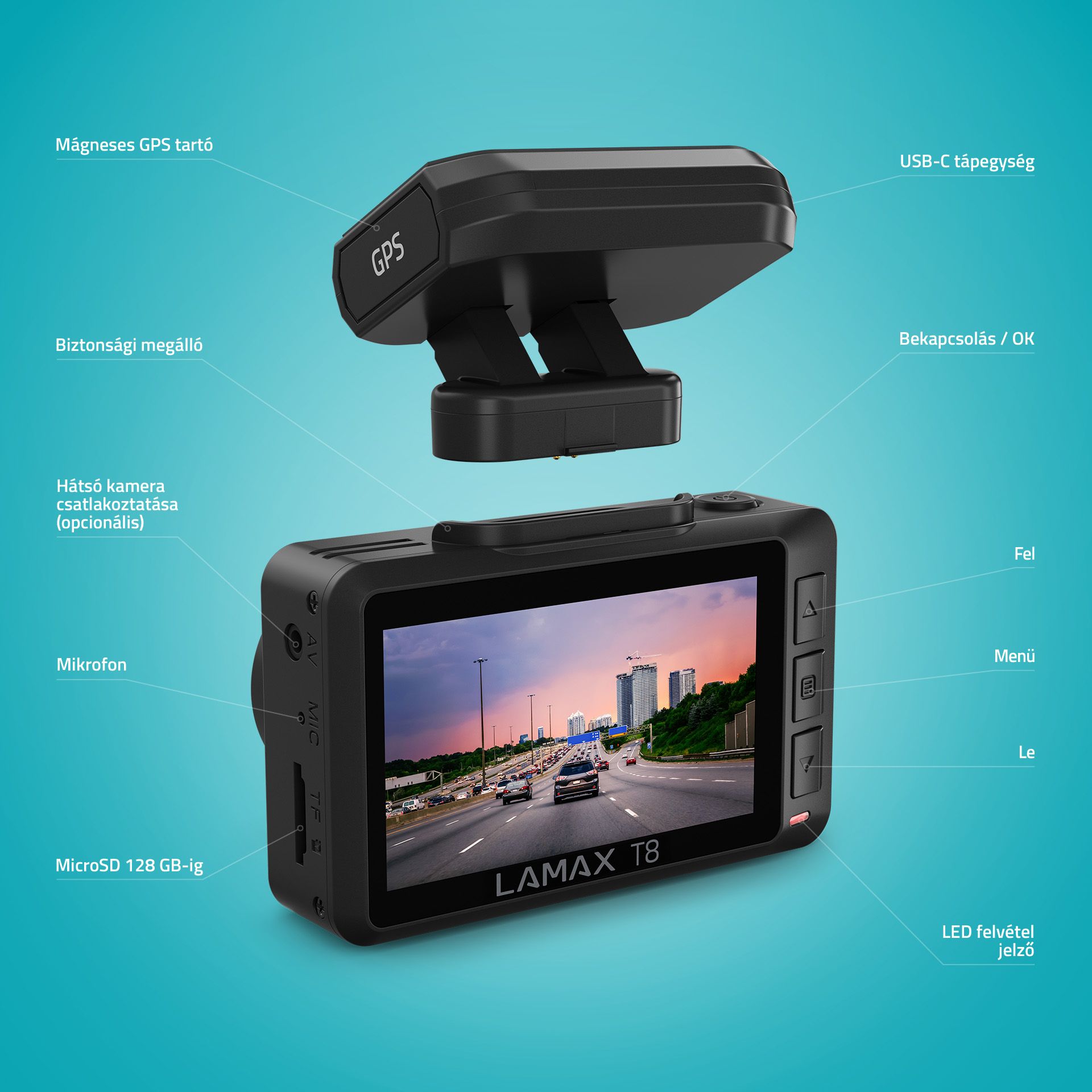 Fekete autós kamera tartó GPS-szel és autós kamera képernyővel.