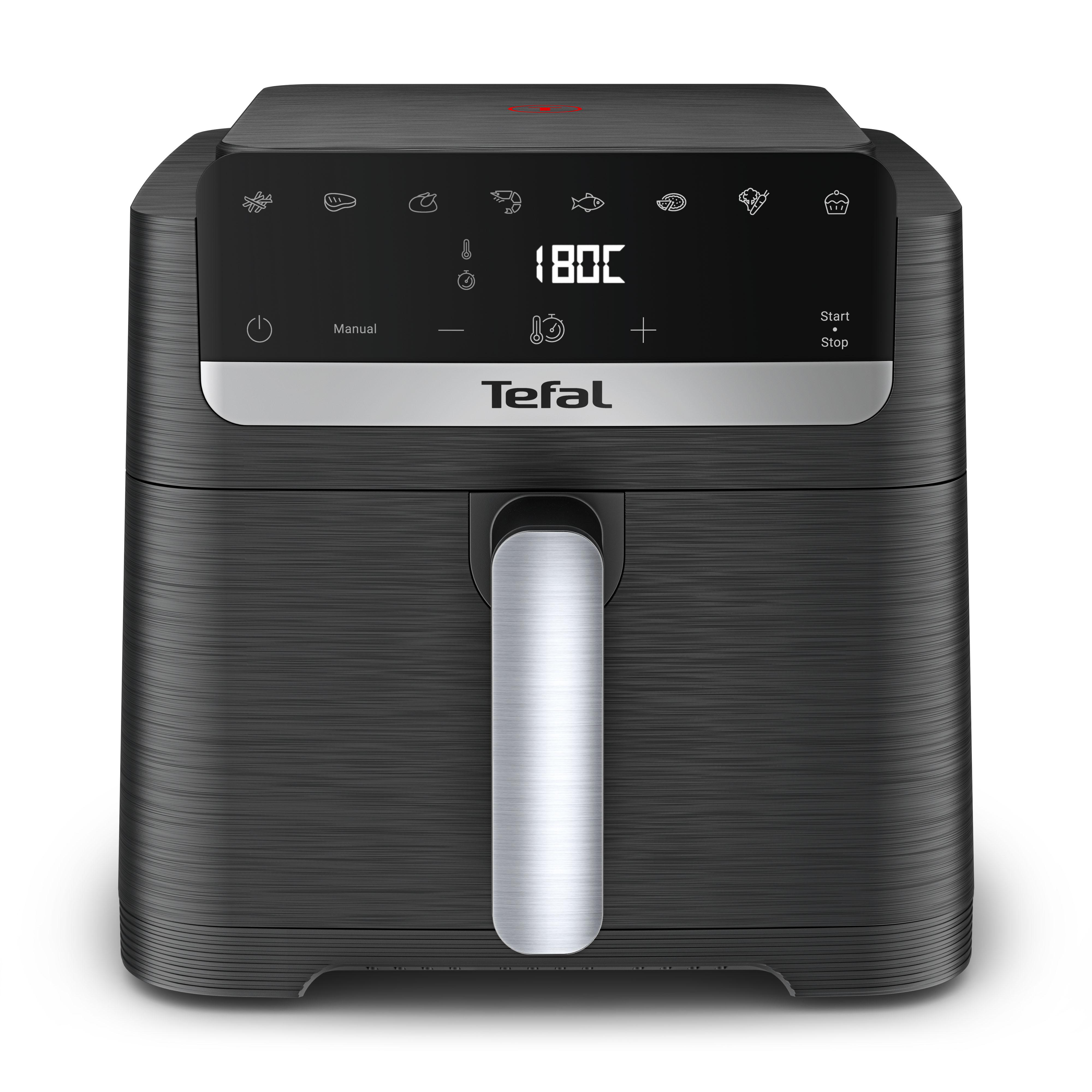 Schwarzer Tefal Heißluftfritteuse mit digitalem Display und silbernem Griff.