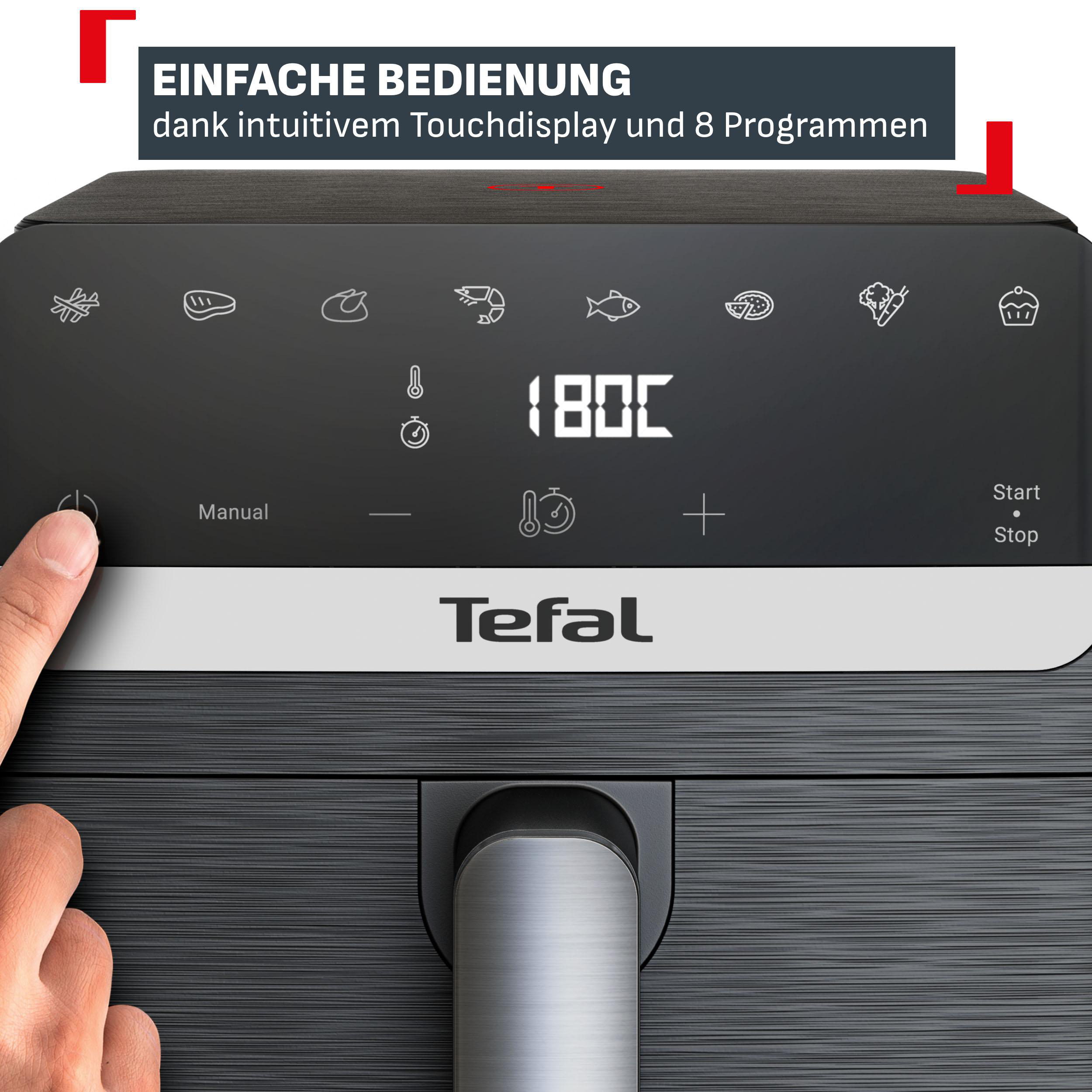 Ein Finger drückt auf das Power-Symbol eines Tefal Heißluftfritteusen-Bedienfelds.