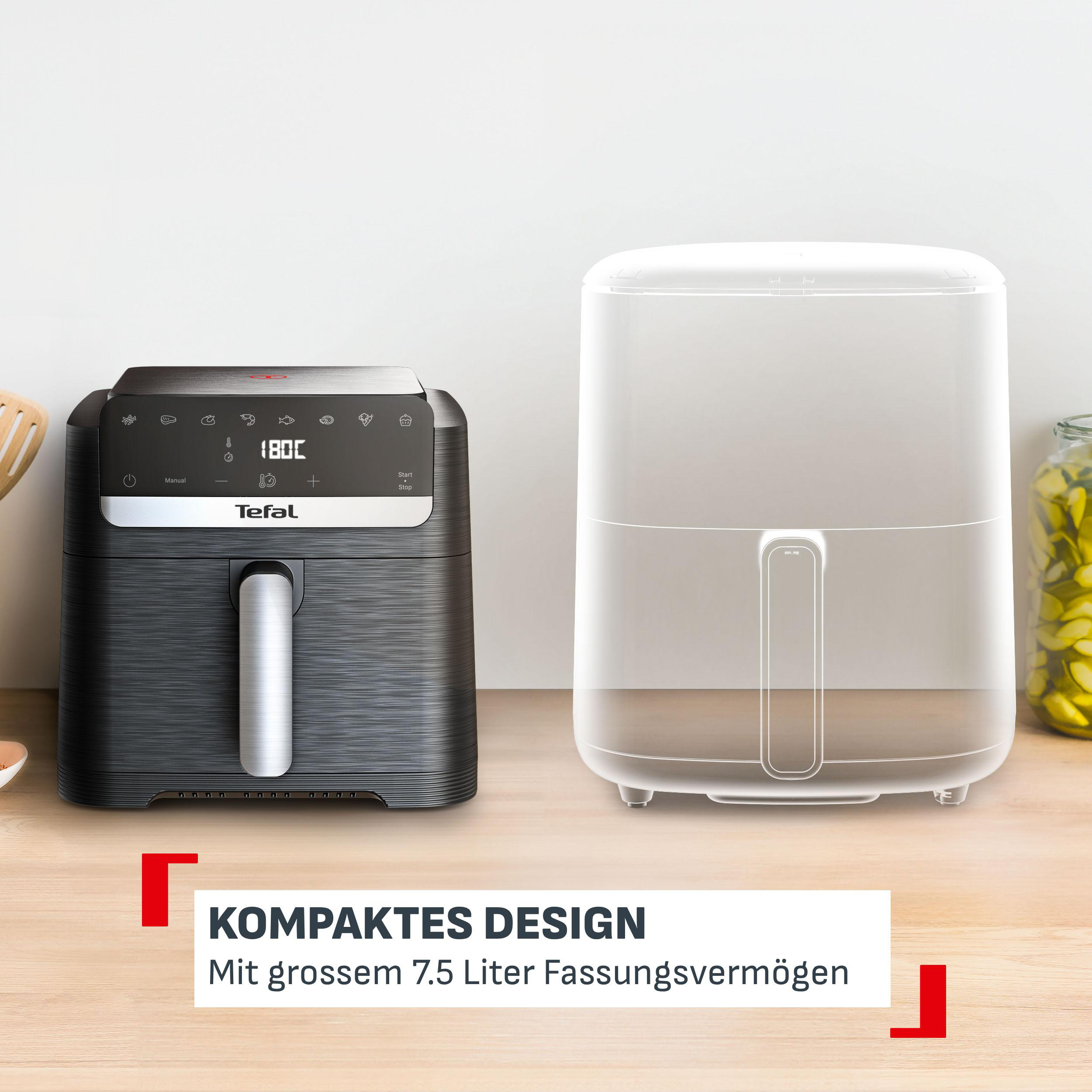 Ein Tefal Heißluftfritteuse mit digitalem Display und daneben eine leere Hülle.