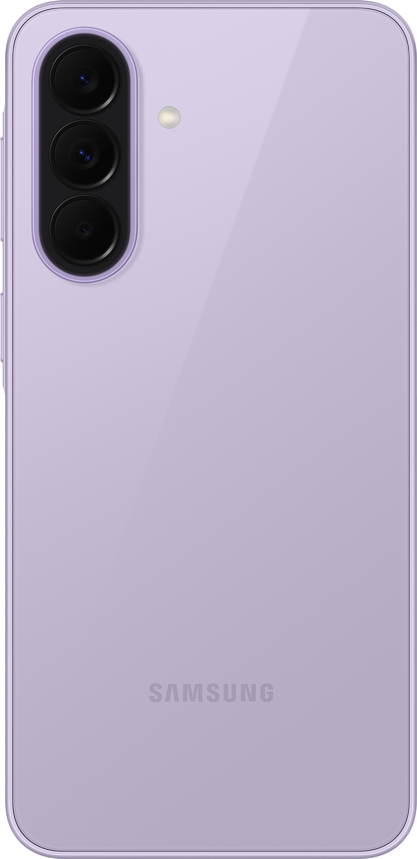 Arrière d'un smartphone Samsung violet avec trois objectifs et un flash.