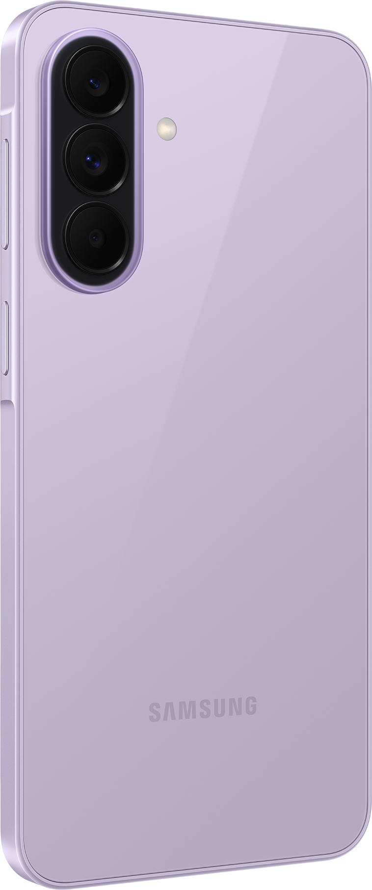 Smartphone violet avec triple caméra arrière et flash.