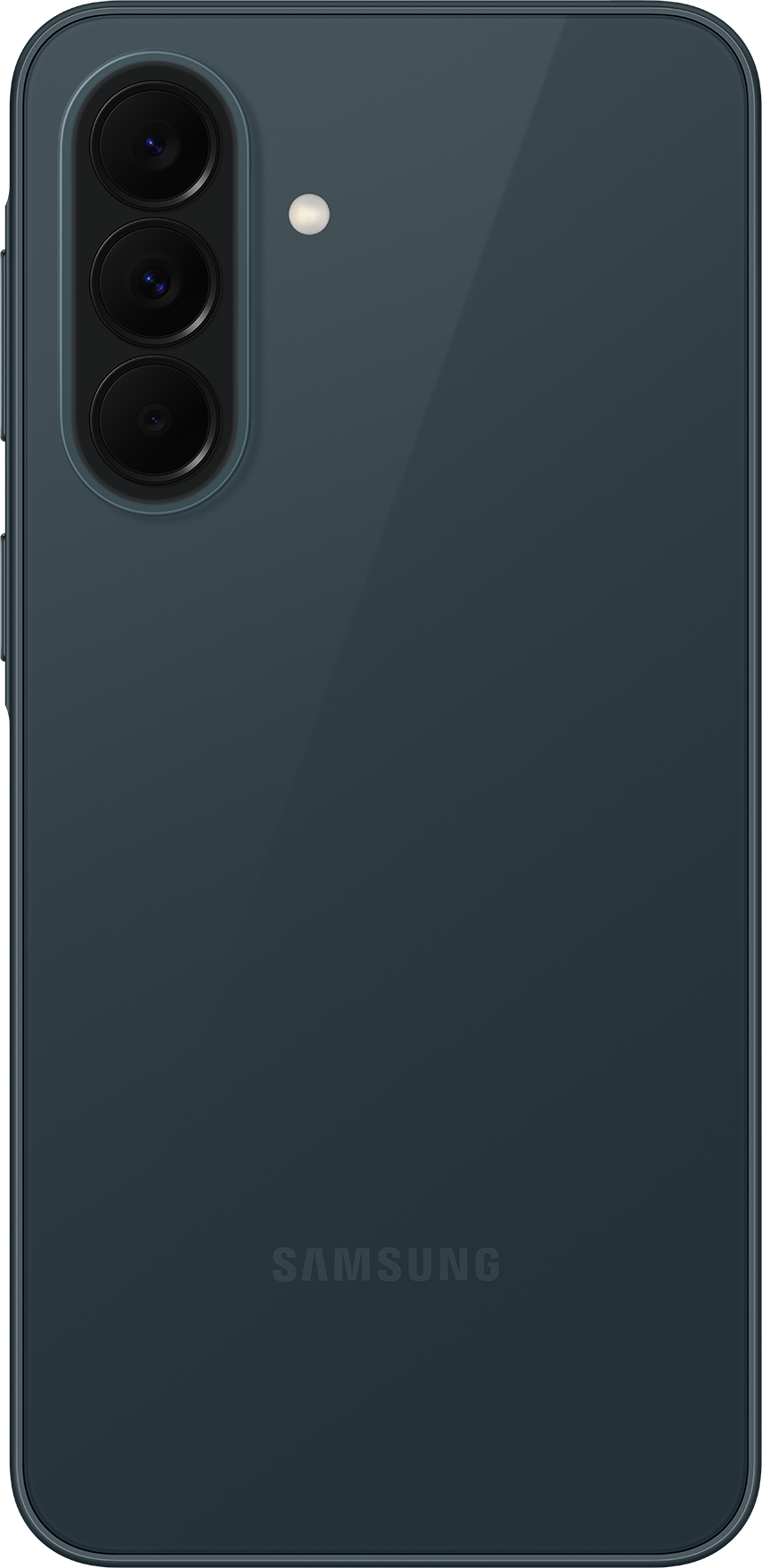 Smartphone gris foncé avec trois caméras et flash en haut à gauche. Logo Samsung en bas.