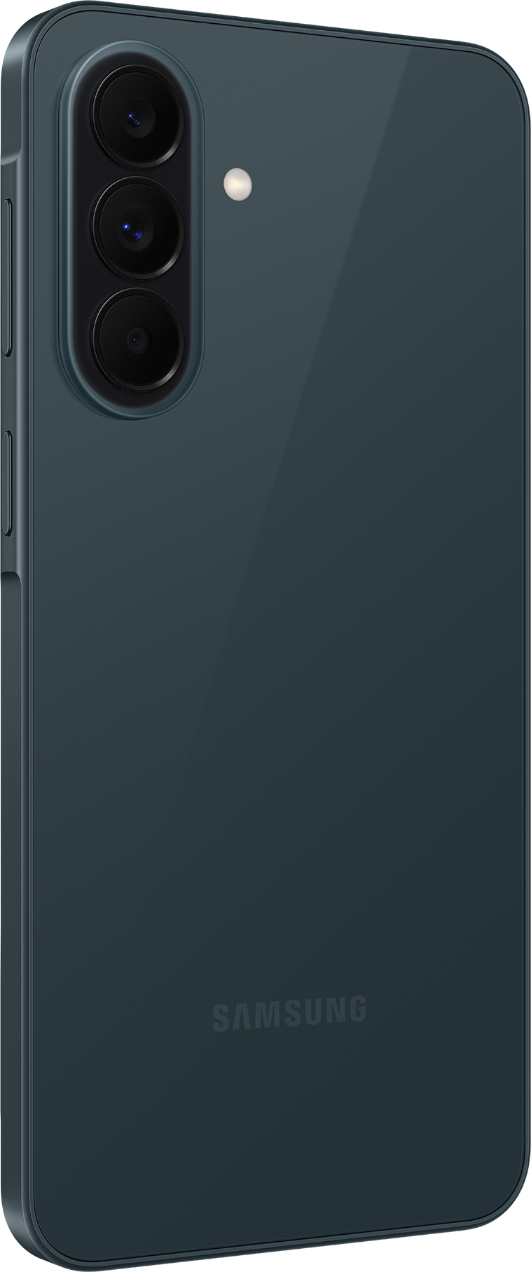 Smartphone vert foncé avec trois caméras et un flash.