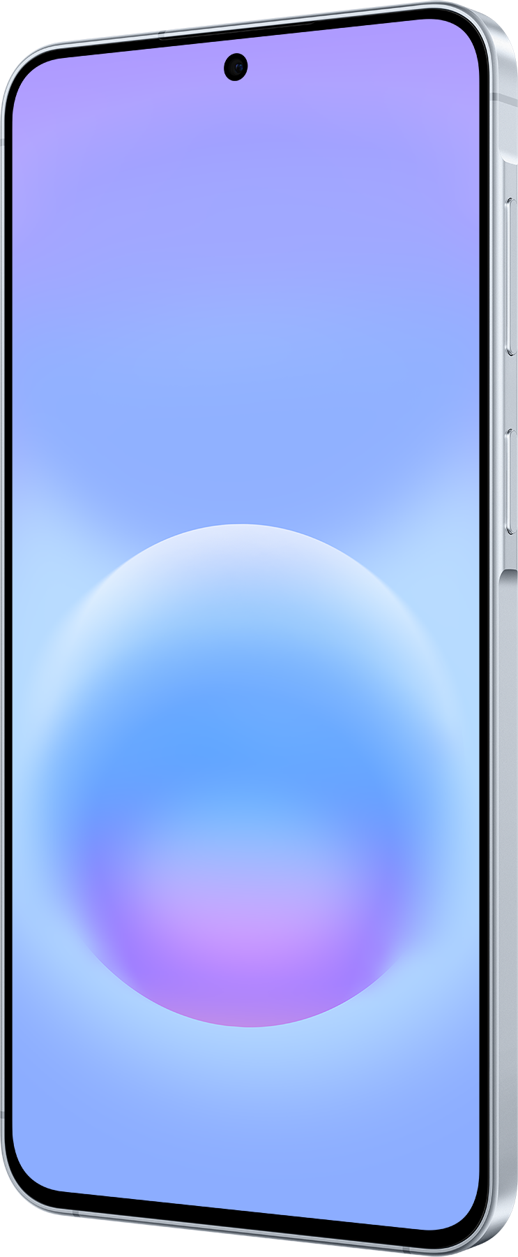 Ein silbernes Smartphone mit einem hellblauen Display und einem blauen und violetten Kreis.