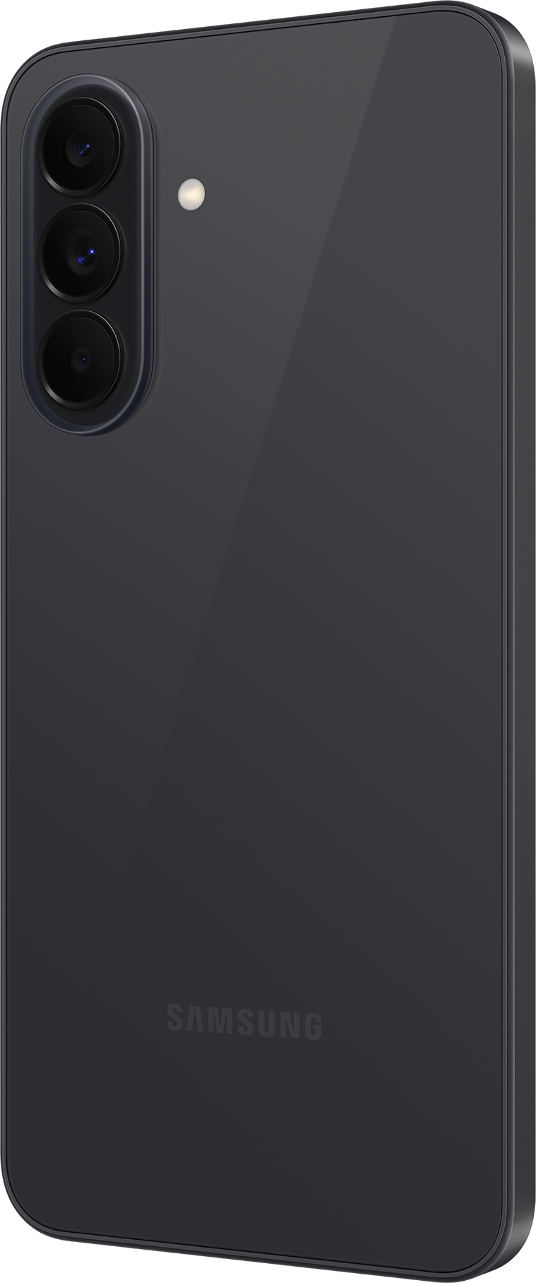 Dunkelgraues Samsung Smartphone mit drei Kameras und Blitz.
