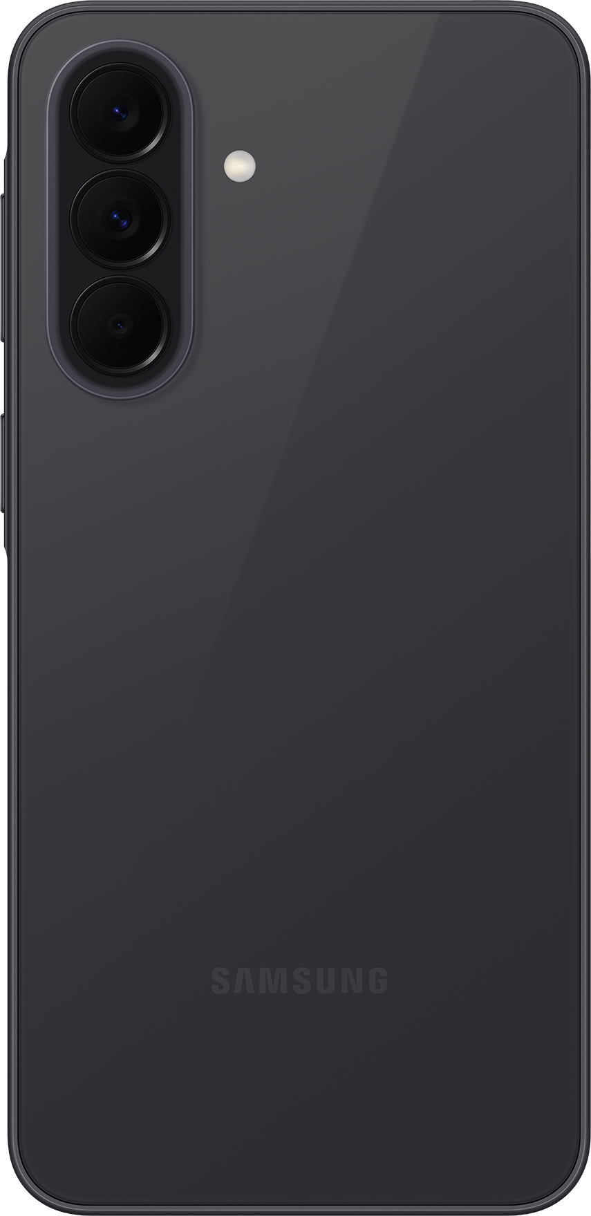 Dunkelgraues Samsung-Smartphone mit drei Kameralinsen und Blitz.