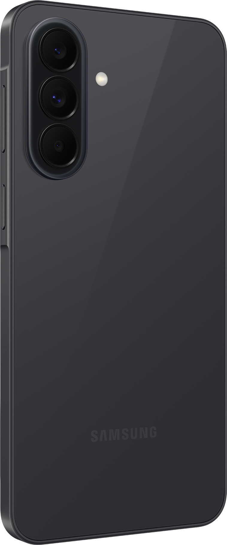 Dunkelgraues Samsung Smartphone mit drei Kameralinsen und Blitz.