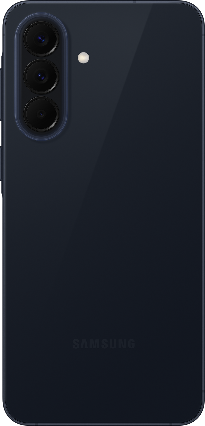 Dunkelblaues Smartphone mit drei Kameras und Blitz.