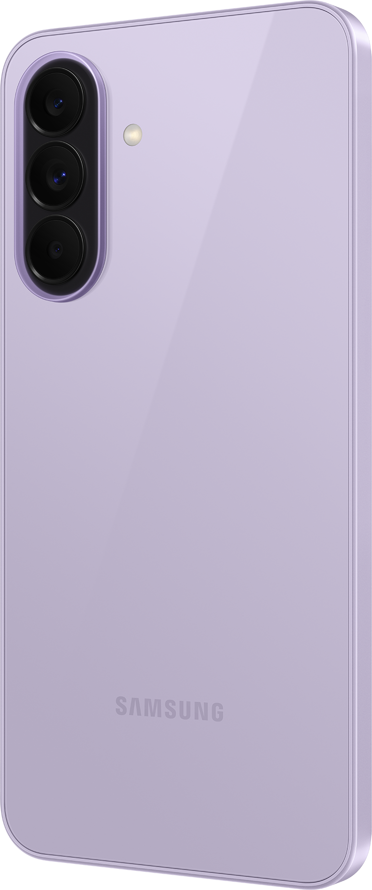 Vue arrière d'un smartphone violet avec trois objectifs et un flash.