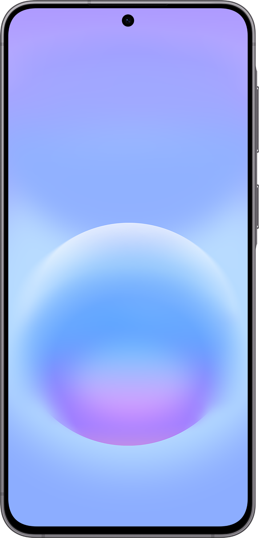 Uno smartphone con uno sfondo sfumato blu e viola. Un piccolo sensore della fotocamera in alto.