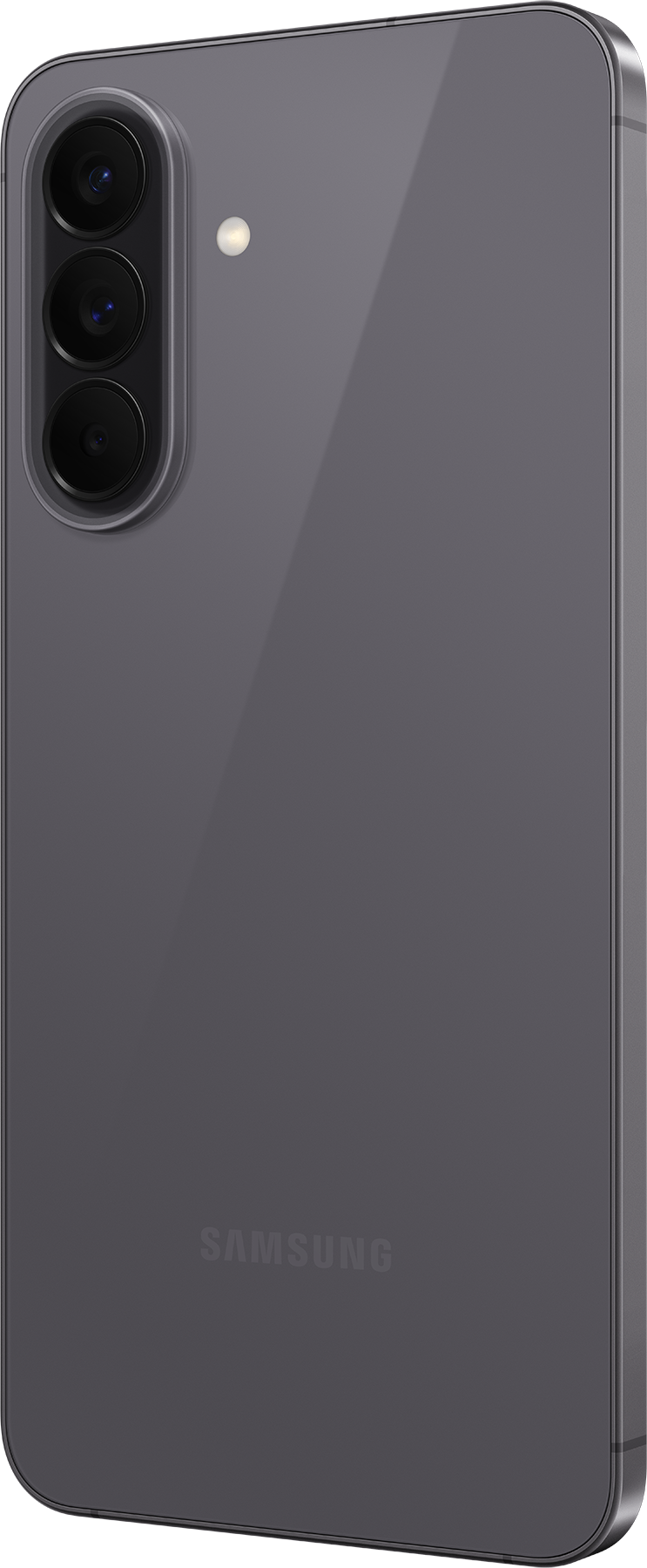 Retro di uno smartphone Samsung grigio con tre fotocamere e flash.