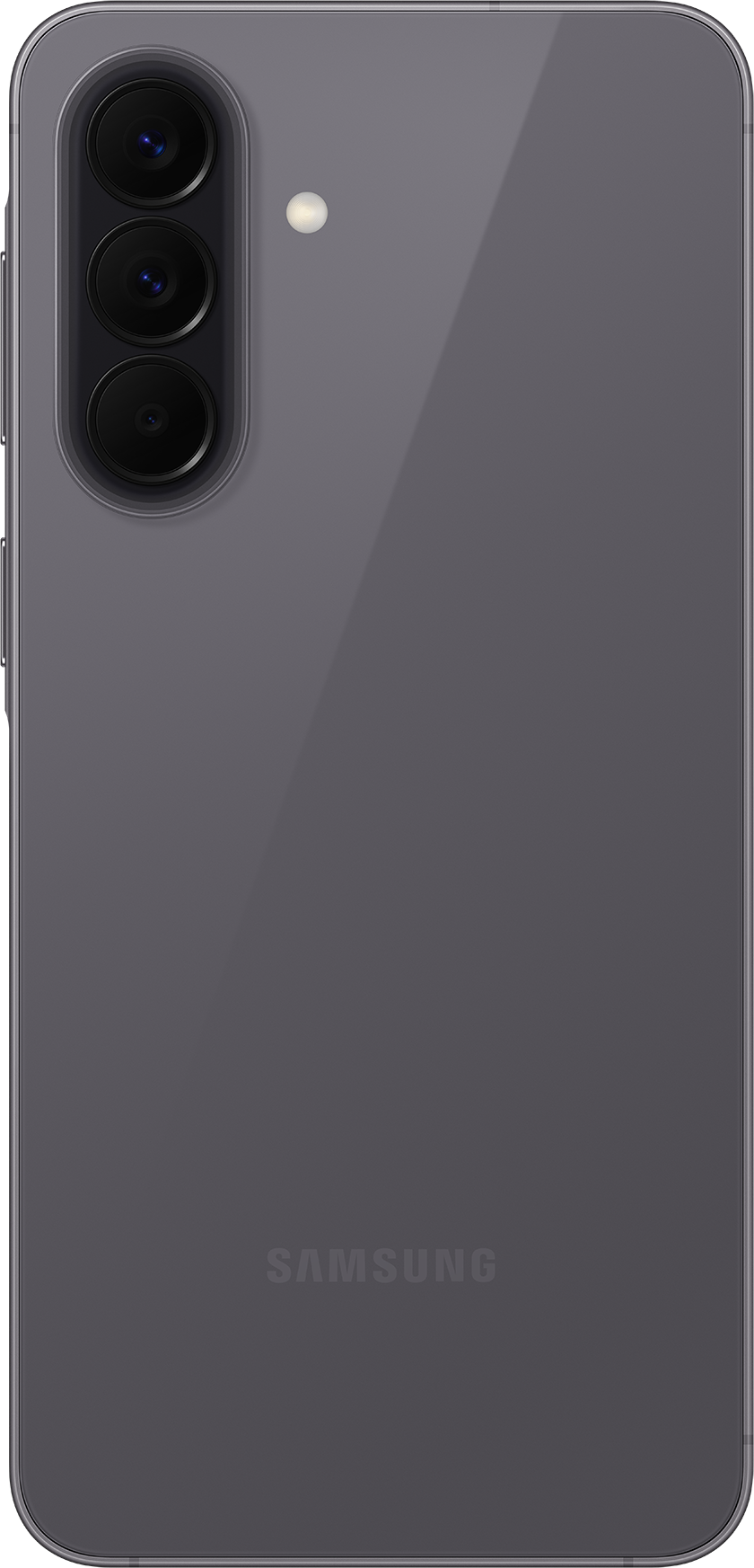 Retro di uno smartphone Samsung grigio con tre fotocamere e flash.