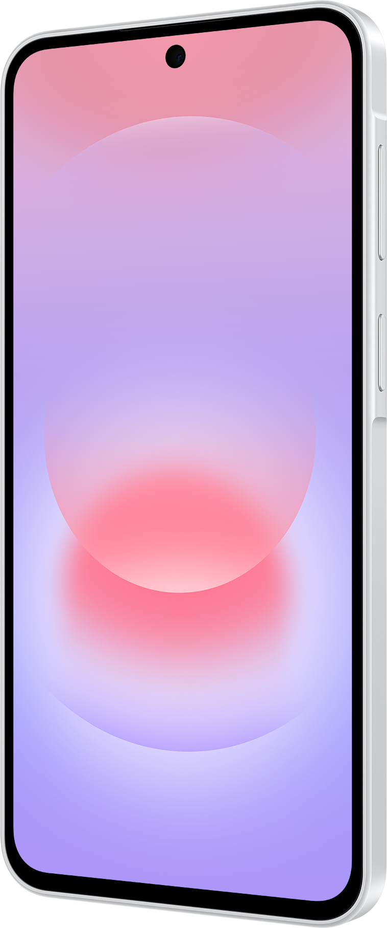 Un smartphone argenté affichant un fond d'écran dégradé rose et violet.