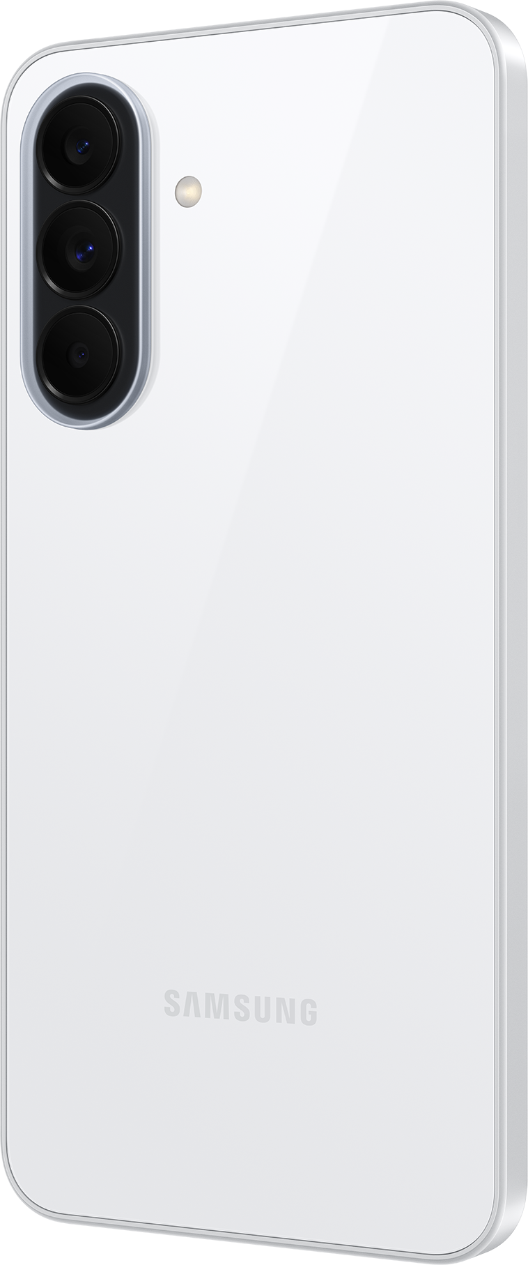 Arrière d'un smartphone Samsung blanc avec trois caméras et un flash.