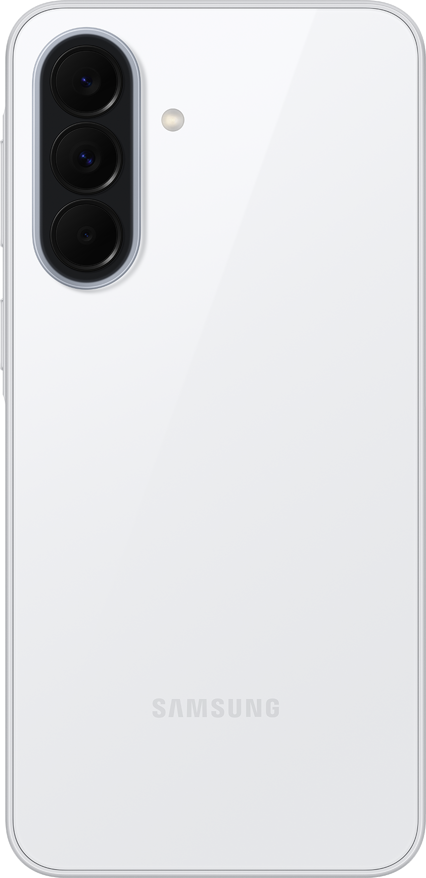 Dos blanc d'un smartphone Samsung avec trois objectifs et un flash.