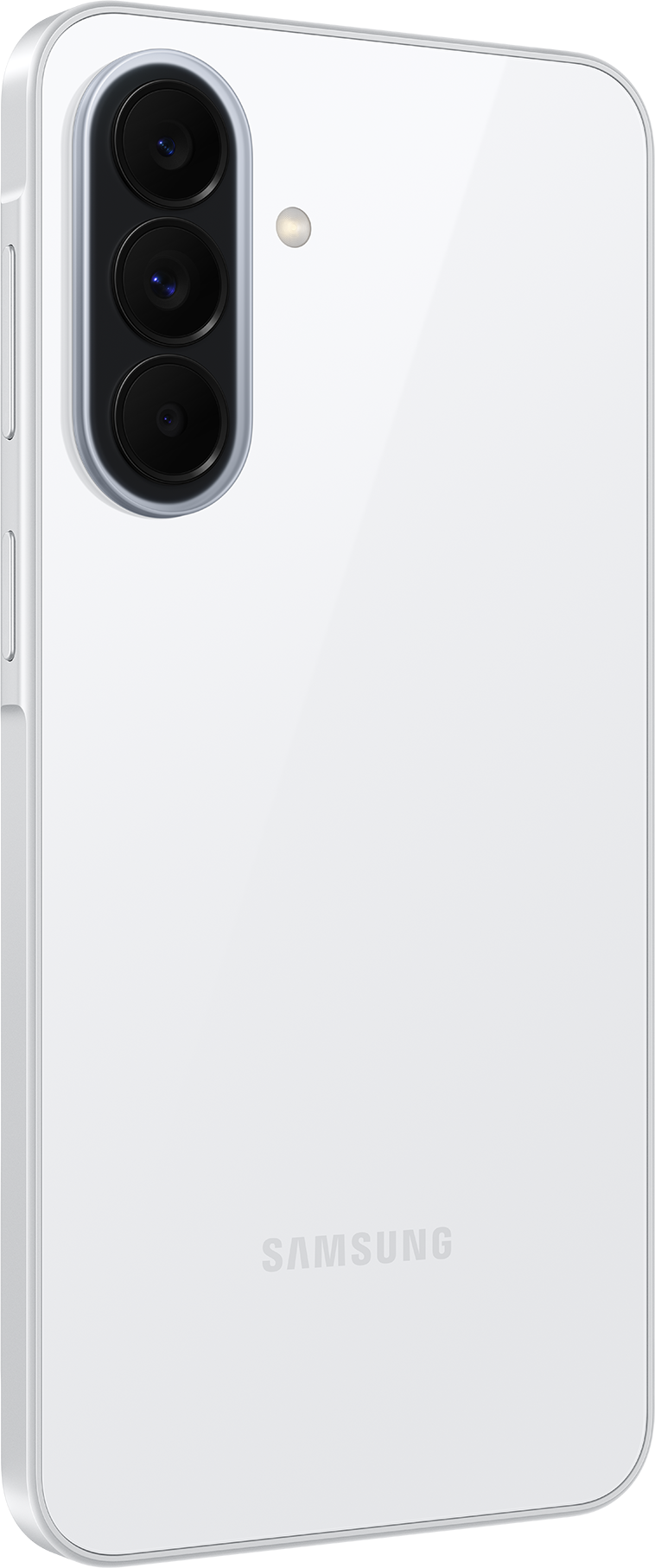 Un smartphone Samsung blanc avec trois appareils photo et un flash à l'arrière.