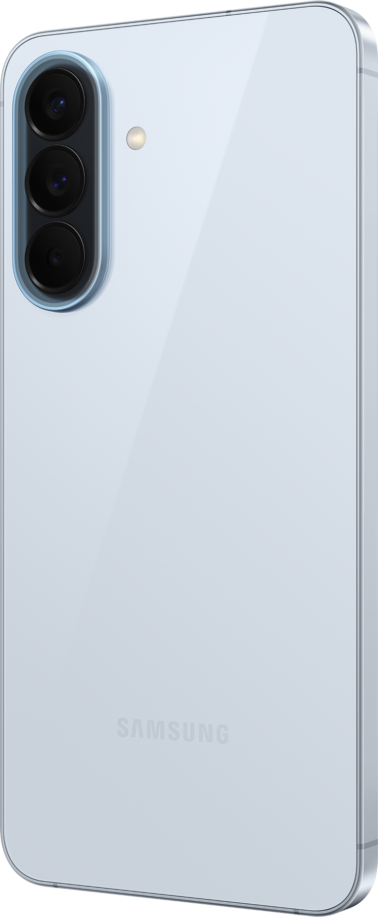 Rückseite eines hellblauen Smartphones mit drei Kameras und Samsung-Logo.