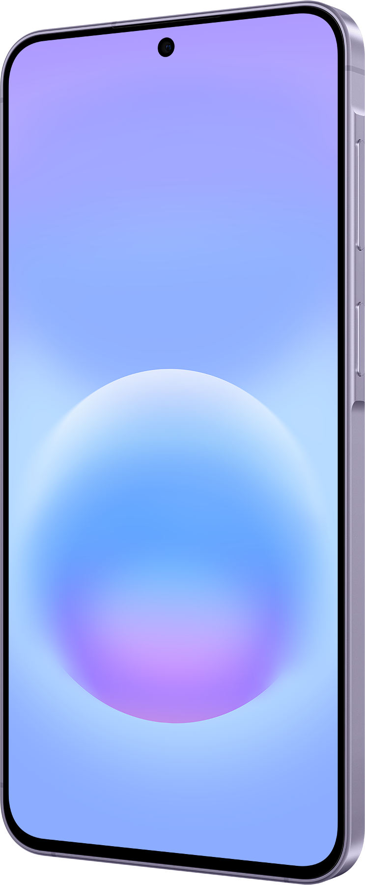 Ein lila Smartphone mit einem blauen und violetten Hintergrund und einer Kugel.