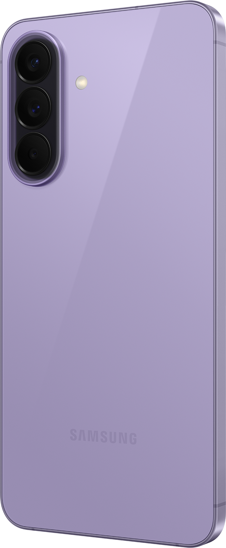 Lila Smartphone mit drei Kameras und Blitz oben links. Samsung-Logo unten.