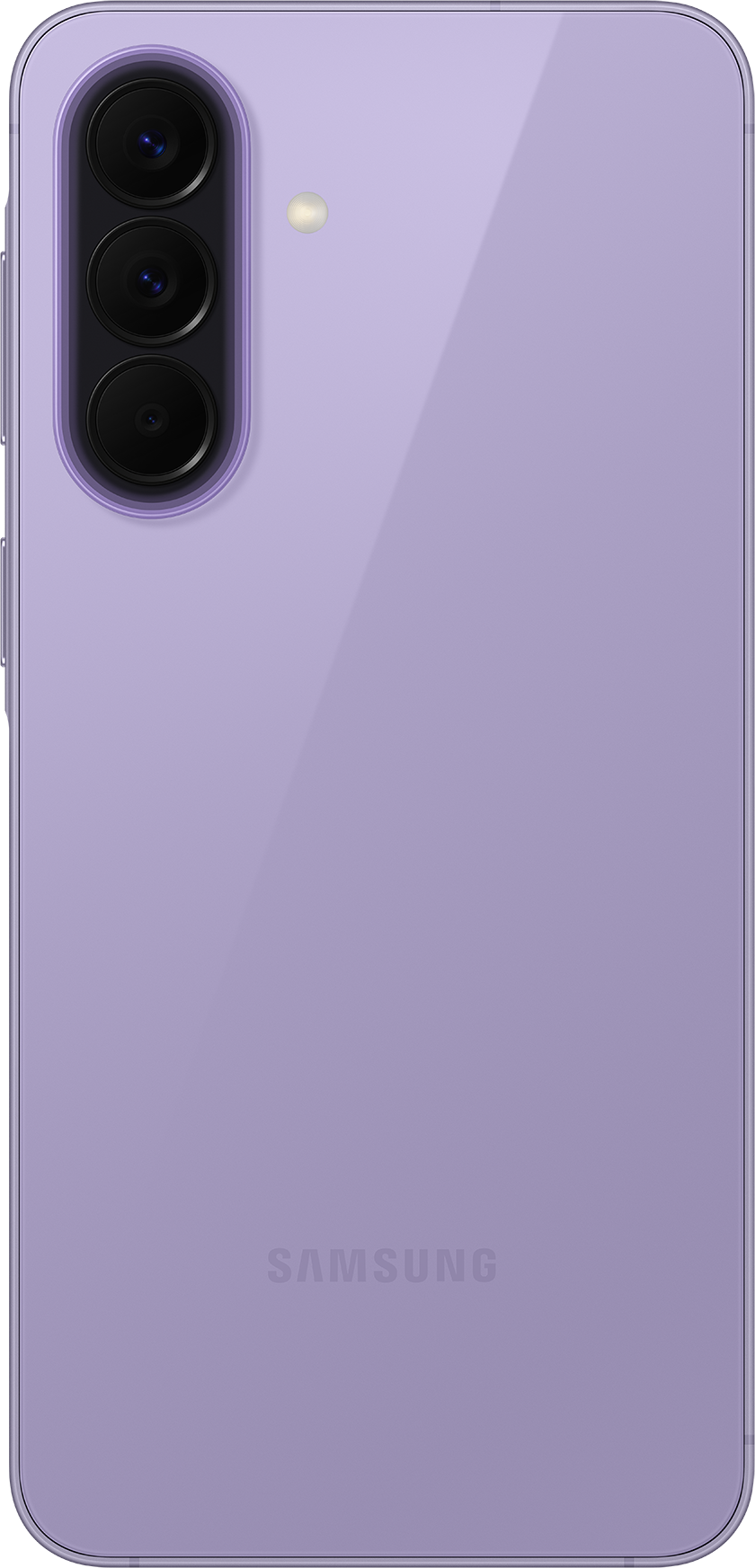 Lila Samsung Handy mit drei Kameras und Blitz.