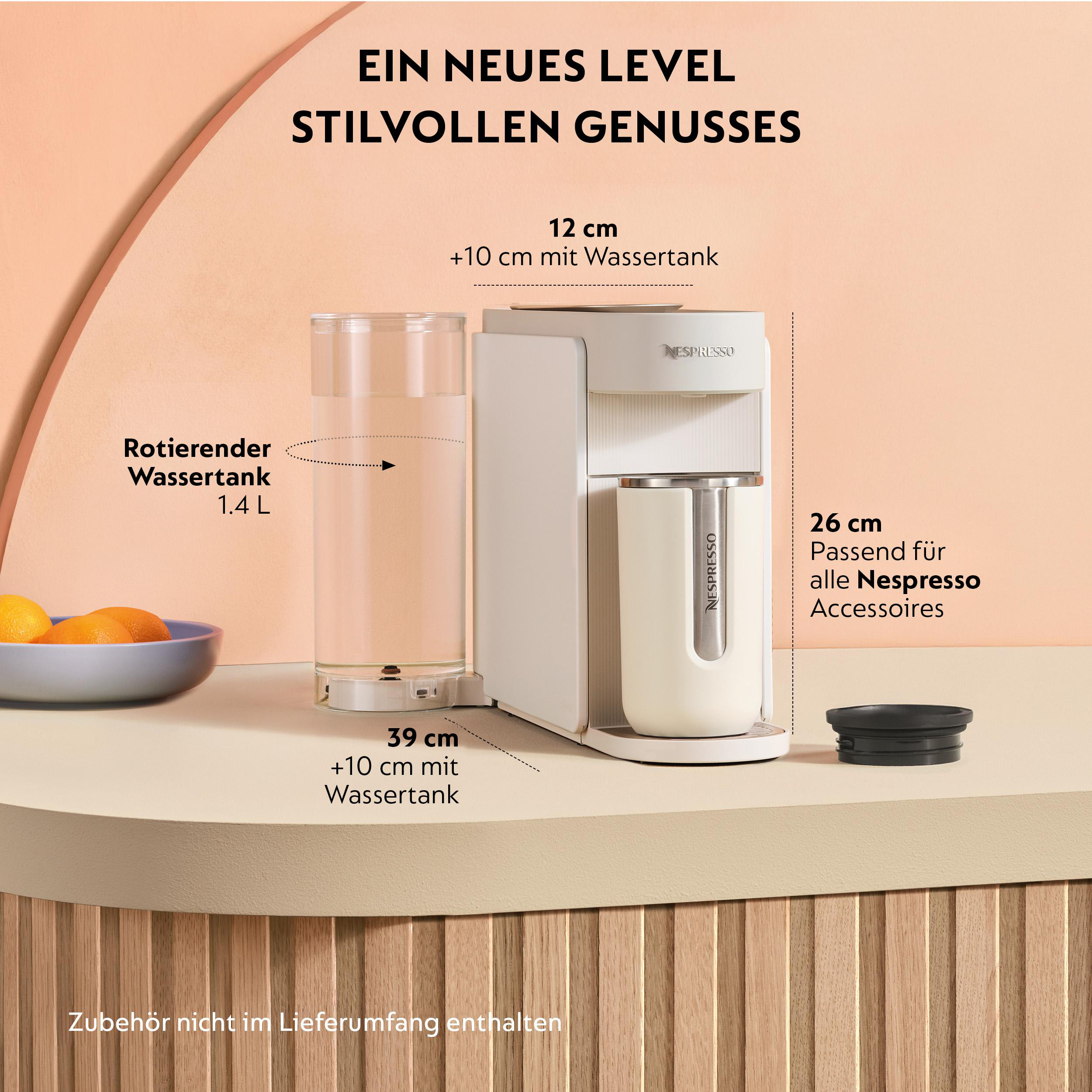 Nespresso Kaffeemaschine mit Wassertank, Maße und Zubehör.
