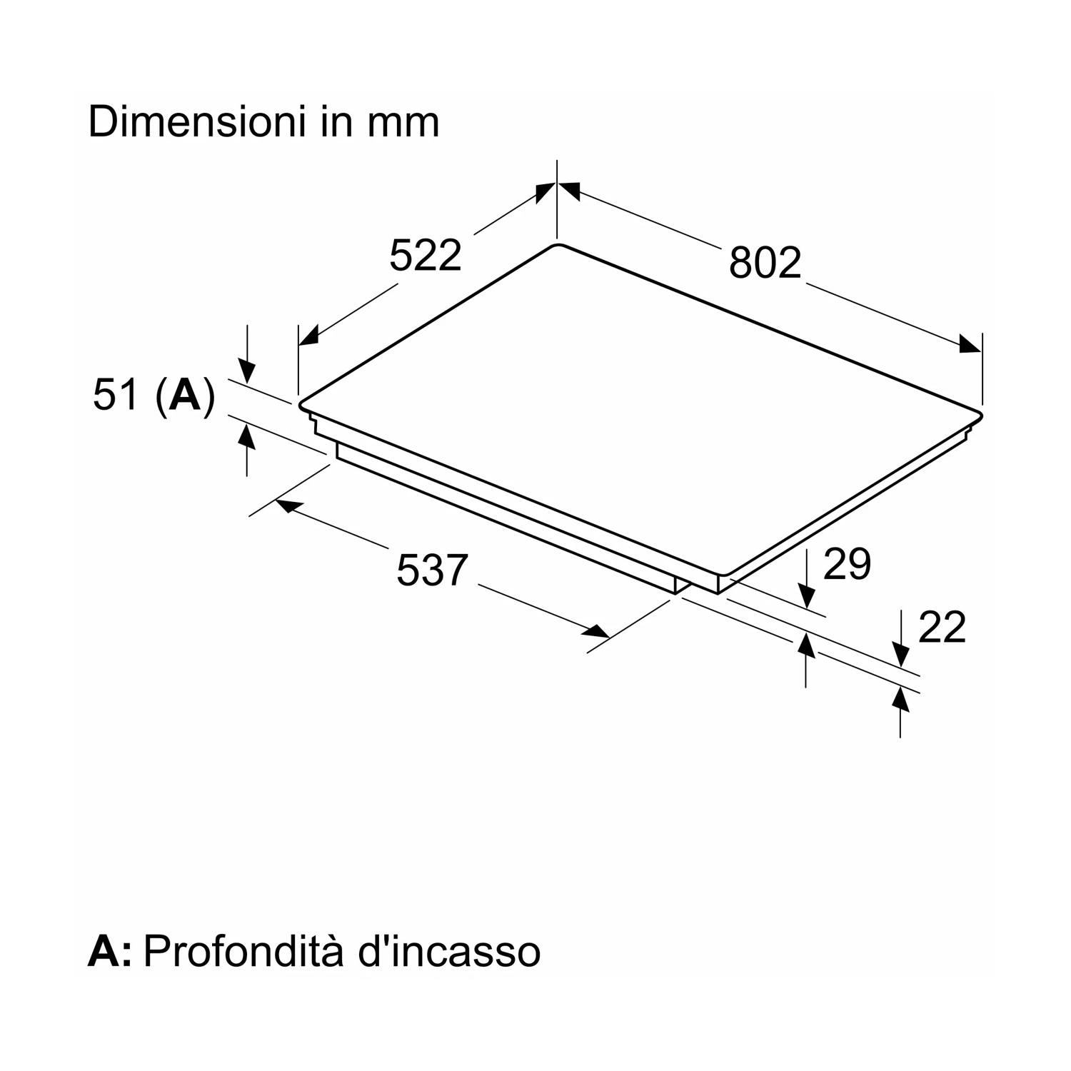 Disegno tecnico di un piano cottura con dimensioni in mm: 802x522x51.